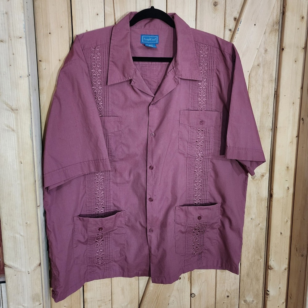 TropiCool Mens XL Mauve Guayabera Short Sleeve Embroidered Pleated Cuban Shirt